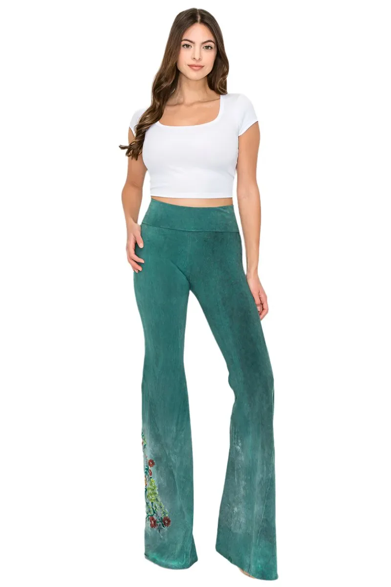 Pantalon de yoga T-Party en tissu lavé à base d'huile avec broderie florale 7207CJ230 Vert chasseur