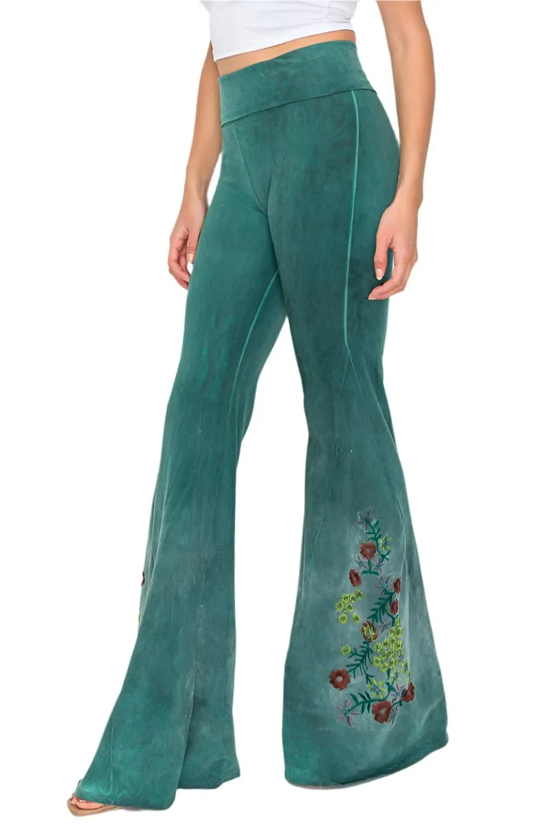 Pantalon de yoga T-Party en tissu lavé à base d'huile avec broderie florale 7207CJ230 Vert chasseur