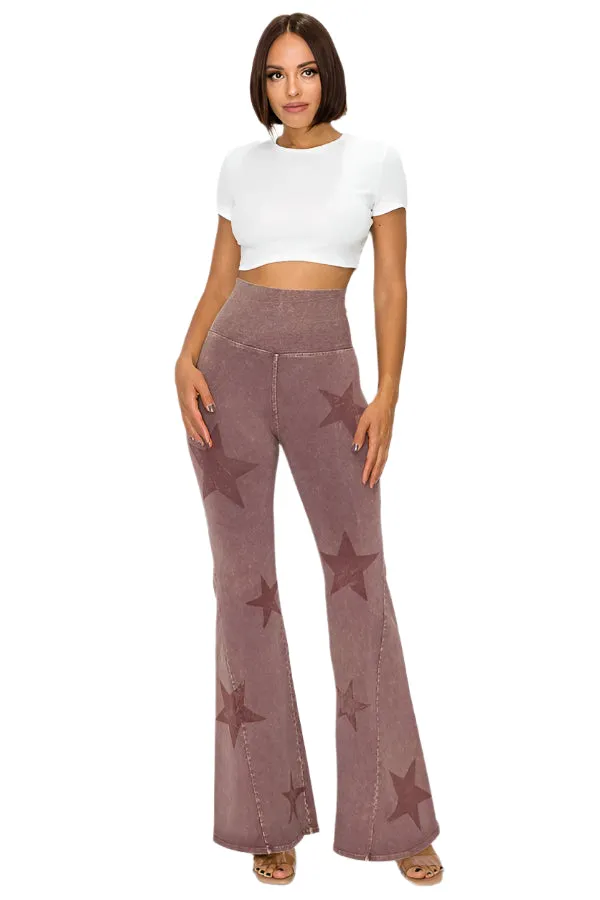 Pantalon évasé T-Party à taille pliée et imprimé étoilé avec lavage minéral CJ75491 Rose foncé
