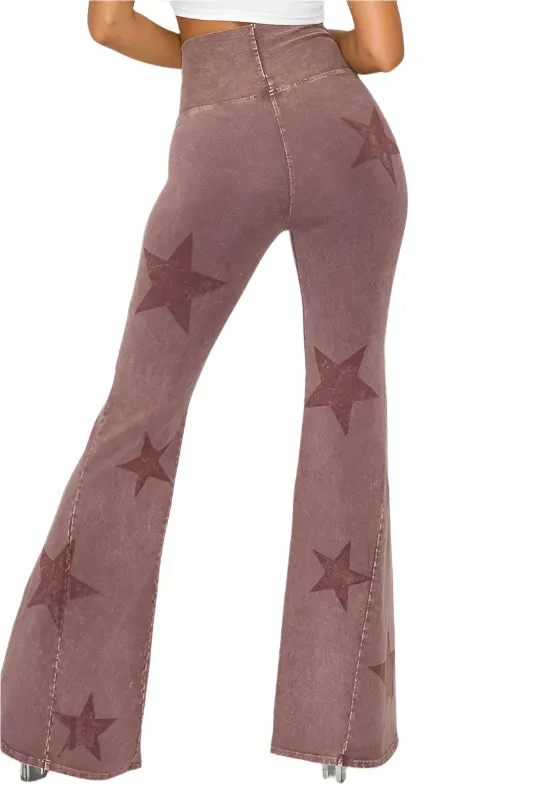 Pantalon évasé T-Party à taille pliée et imprimé étoilé avec lavage minéral CJ75491 Rose foncé