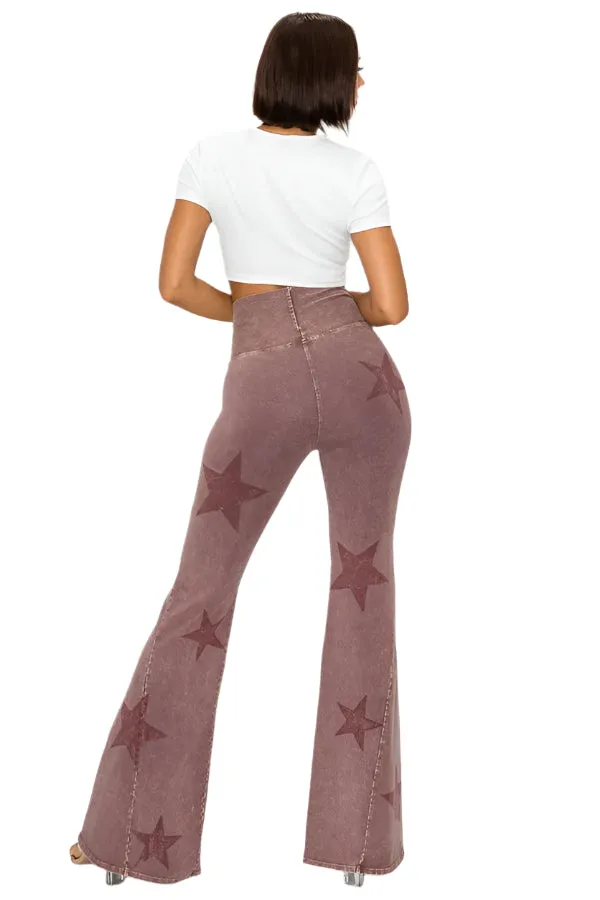Pantalon évasé T-Party à taille pliée et imprimé étoilé avec lavage minéral CJ75491 Rose foncé