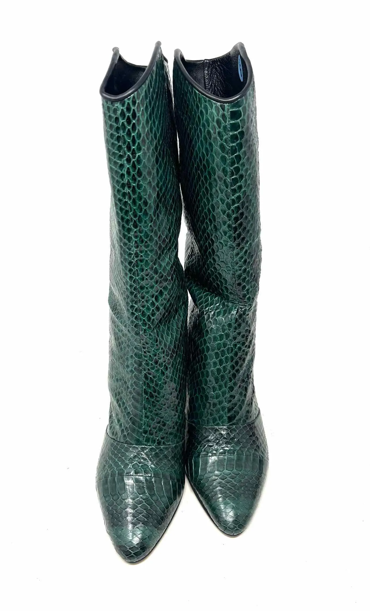 Bottes designer Tamara Mellon taille 6 en cuir serpentin vert/noir avec SAC POUR POUSSIÈRE