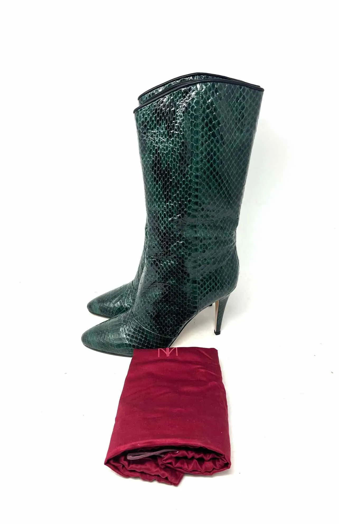 Bottes designer Tamara Mellon taille 6 en cuir serpentin vert/noir avec SAC POUR POUSSIÈRE