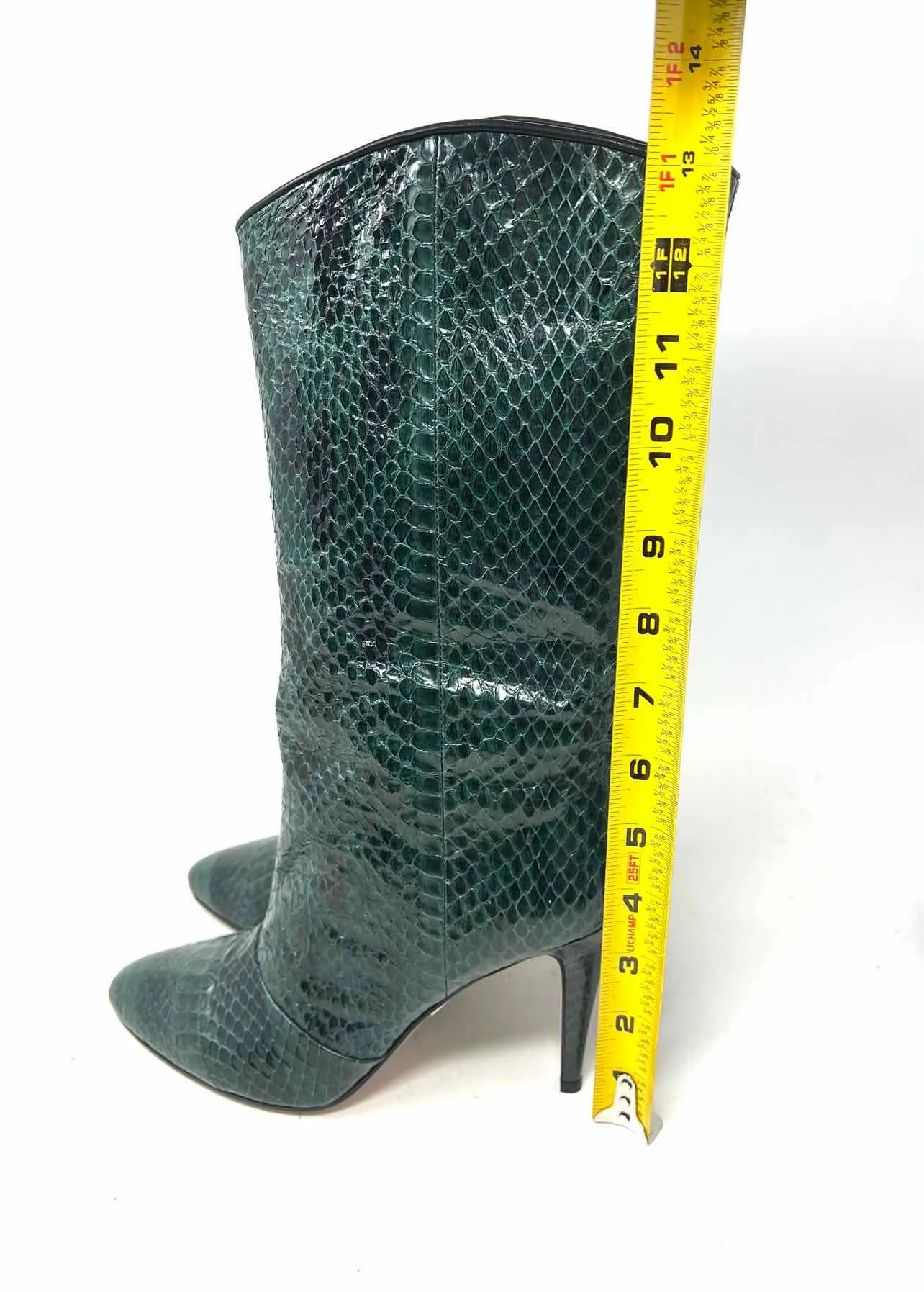 Bottes designer Tamara Mellon taille 6 en cuir serpentin vert/noir avec SAC POUR POUSSIÈRE