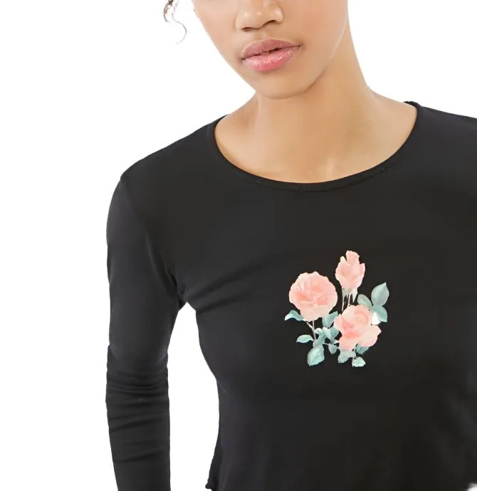 TMD Manches Longues Crop à Imprimé Fleuri Noir