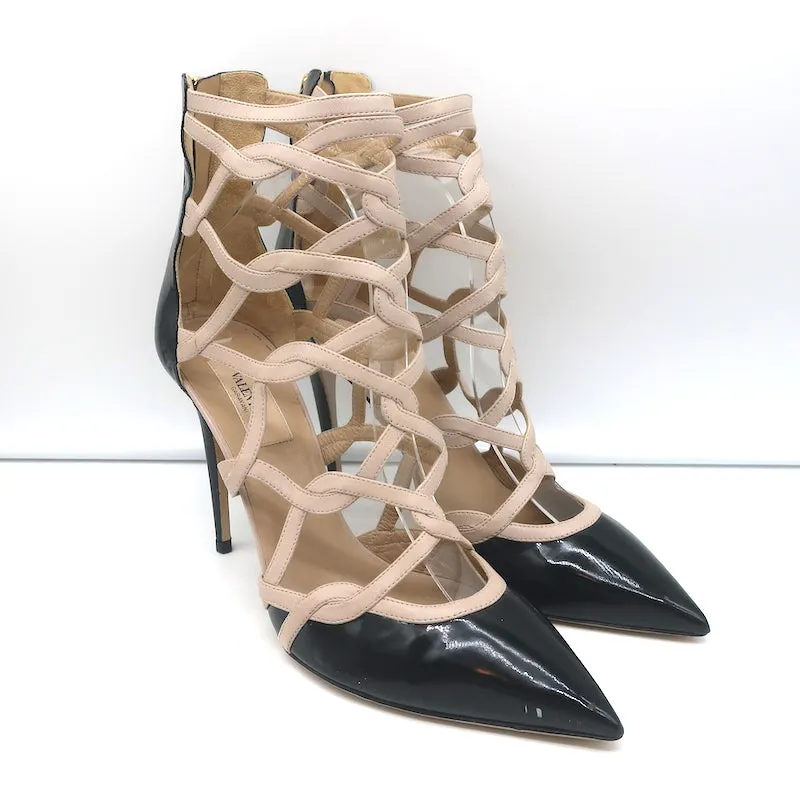 Bottes Valentino Cage à la cheville en cuir vernis noir et cuir poudré taille 39.5