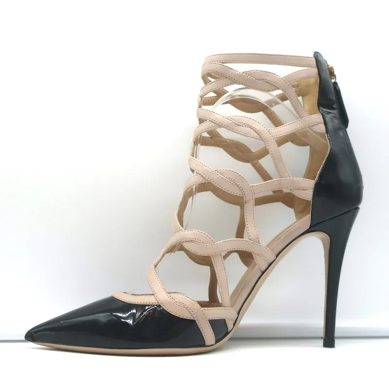 Bottes Valentino Cage à la cheville en cuir vernis noir et cuir poudré taille 39.5