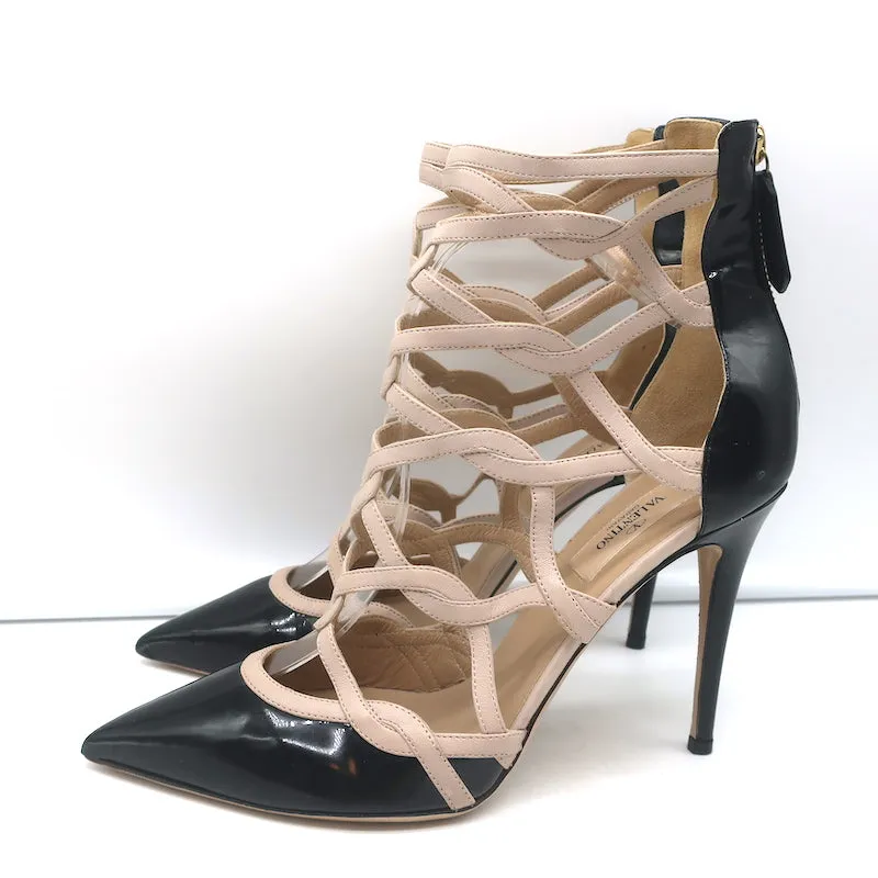 Bottes Valentino Cage à la cheville en cuir vernis noir et cuir poudré taille 39.5