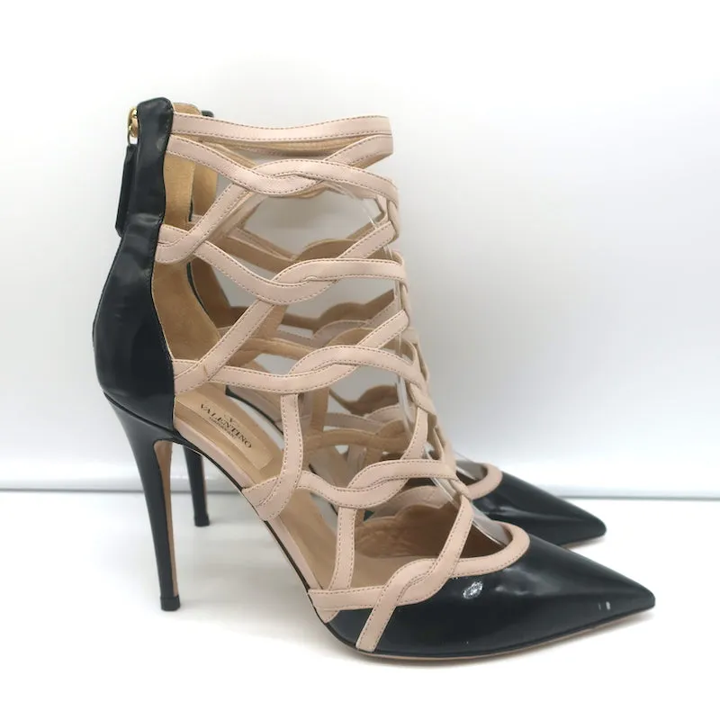 Bottes Valentino Cage à la cheville en cuir vernis noir et cuir poudré taille 39.5