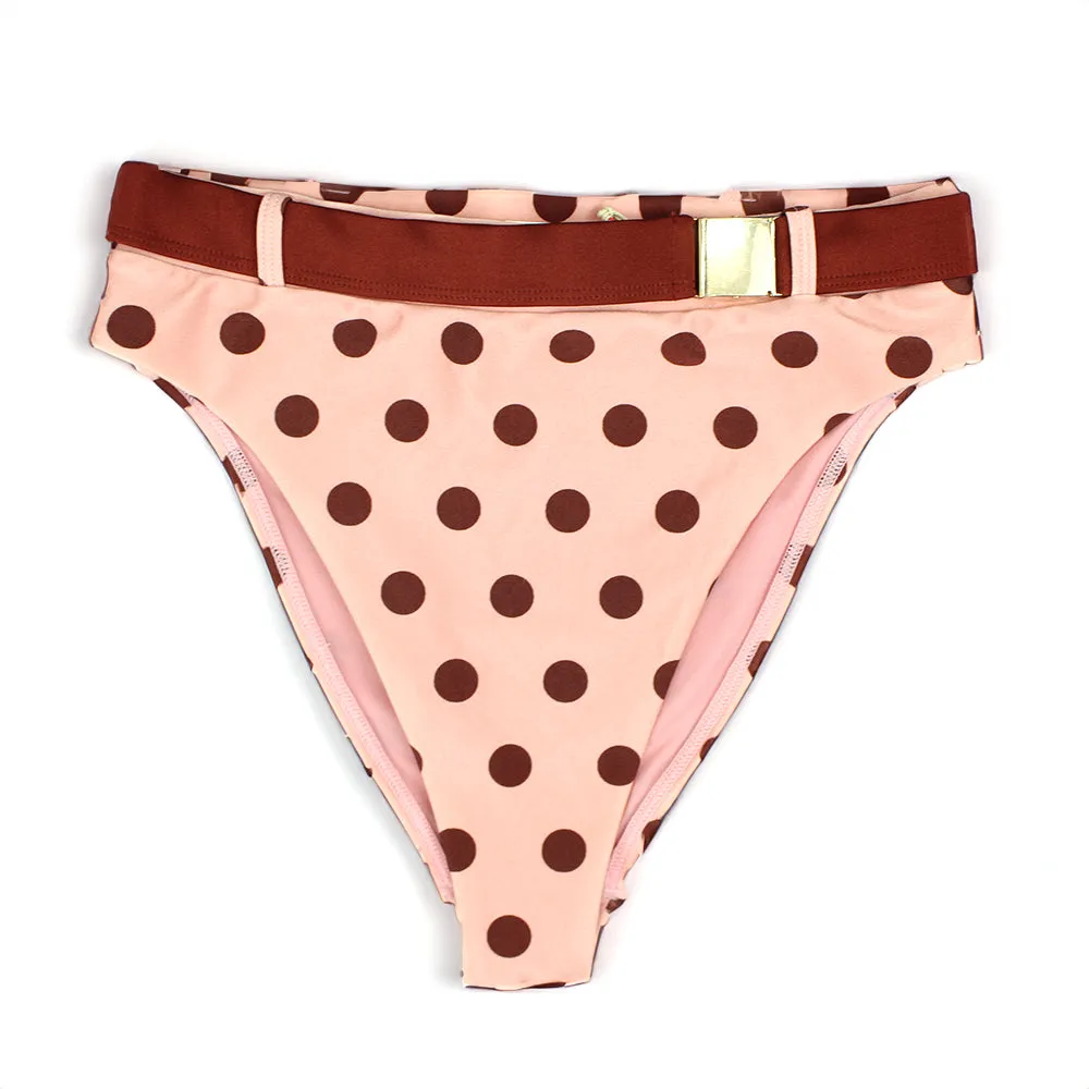 Slip de Bikini à Haute Taille à Pois avec Ceinture pour Femme, Rose