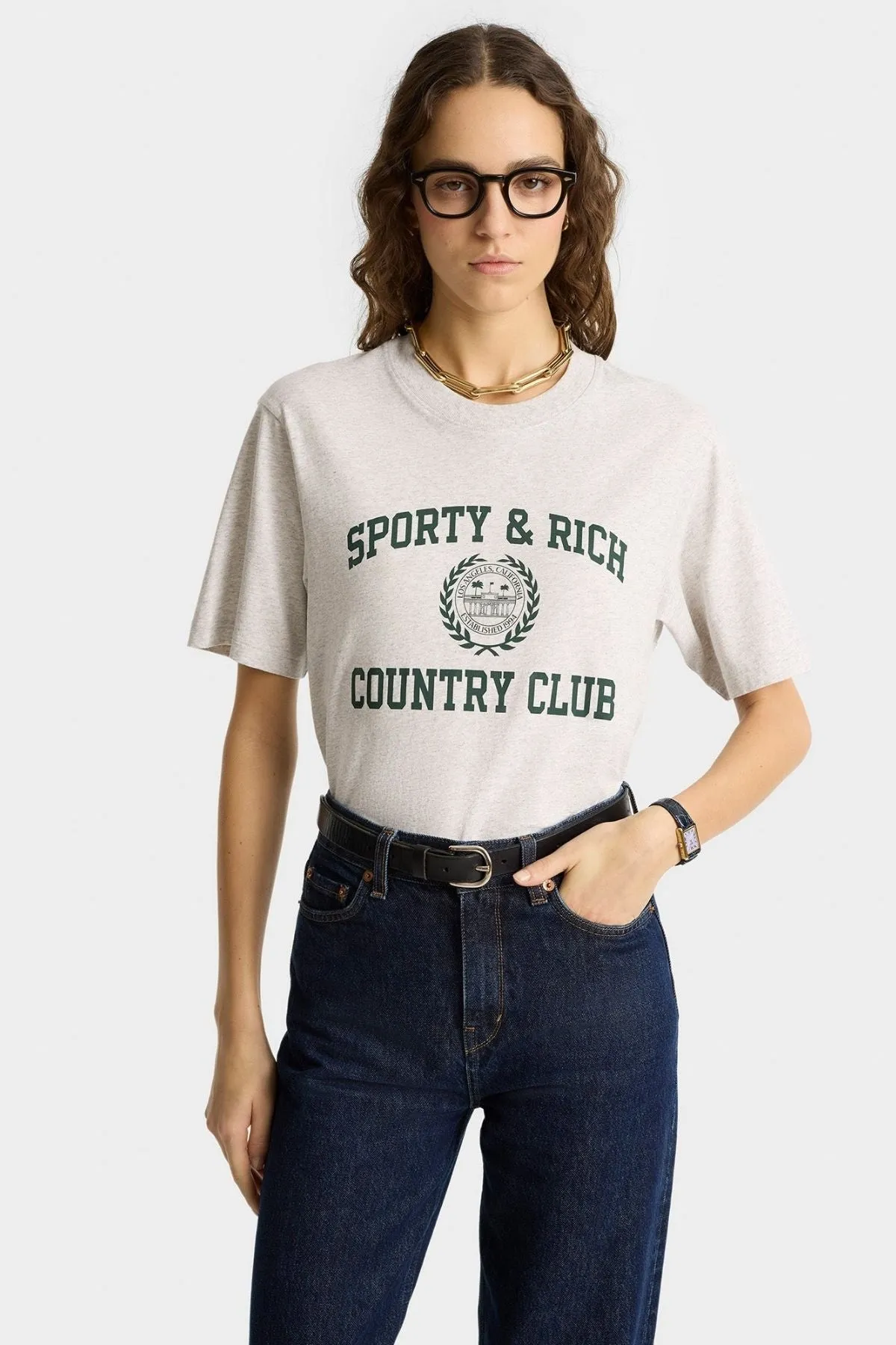 T-shirt Sporty & Rich à écusson universitaire pour femmes - Gris chiné